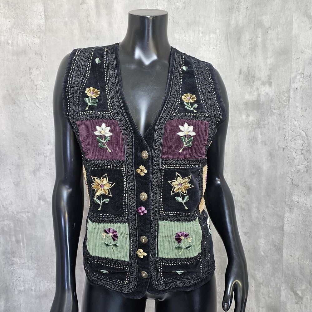 Vintage 90s Keren Hart Corduroy Patchwork Cottage Granny Core‎ Boho Vest